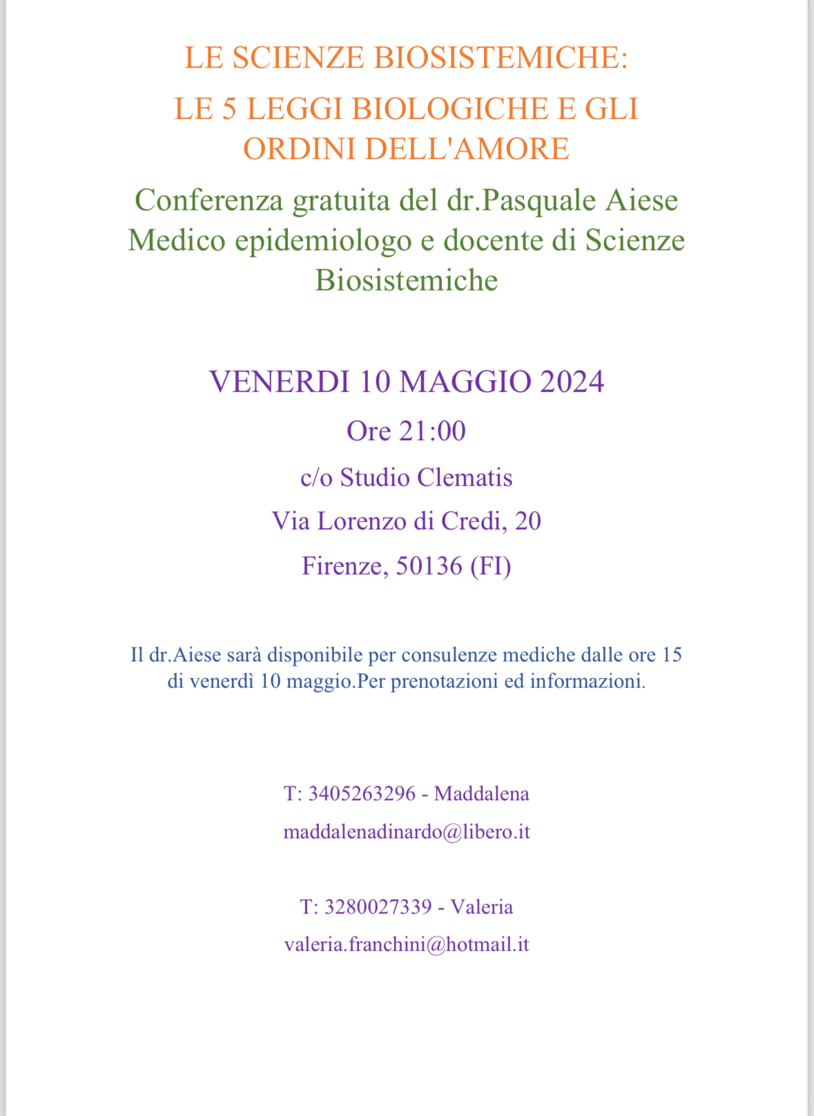 Conferenza gratuita del Dott. Aiese sulle 5 leggi biologiche